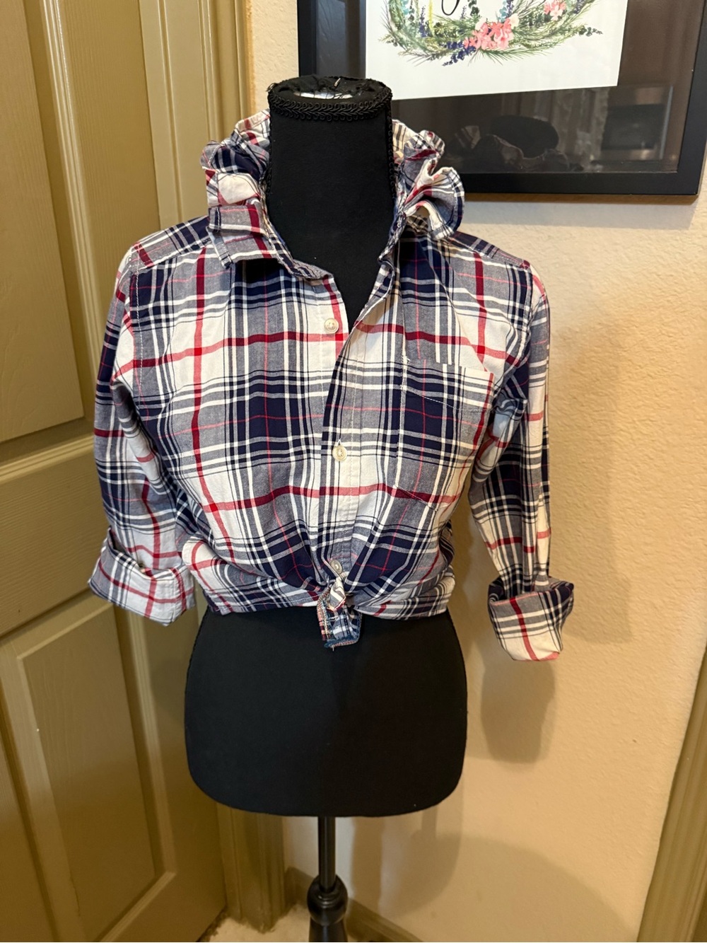 Upcycled Plaid Button-Front Crop Shirt - Navy, Red & White. Woman’s small